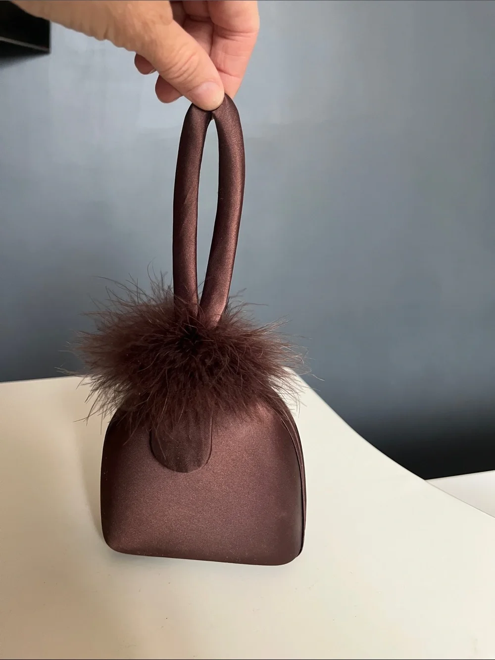 Cache Brown Satin Minaudière clutch with Feather Pom
